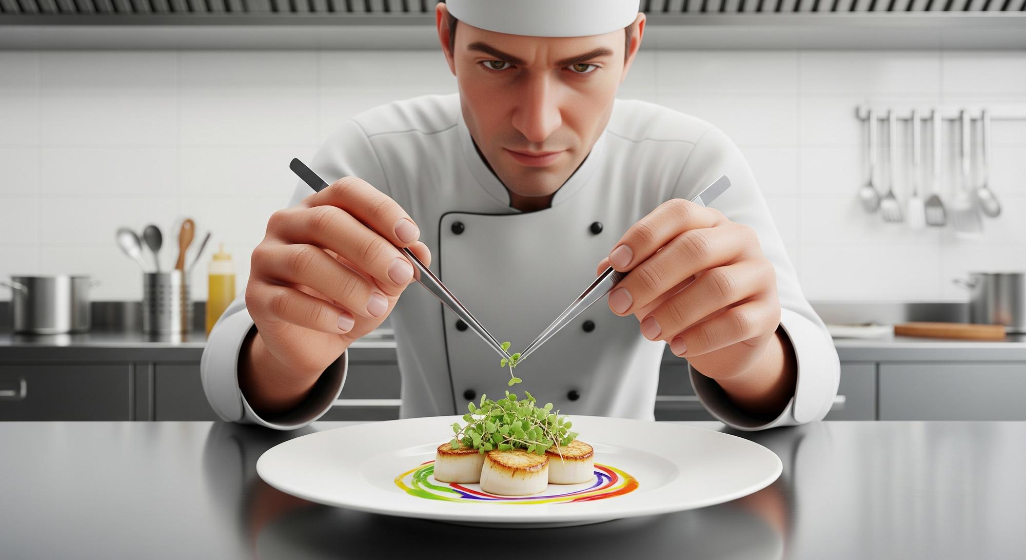 Instructor demonstrating plated dish with modern tools